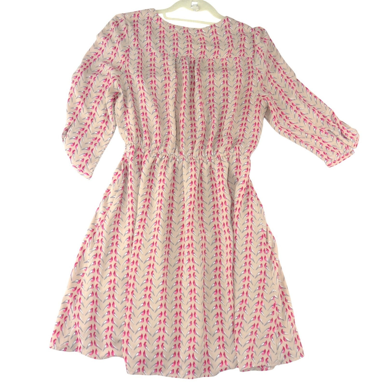 Umgee USA Womens Tan Pink Bird Print V-Neck Button Front Elastic Waist Dress M