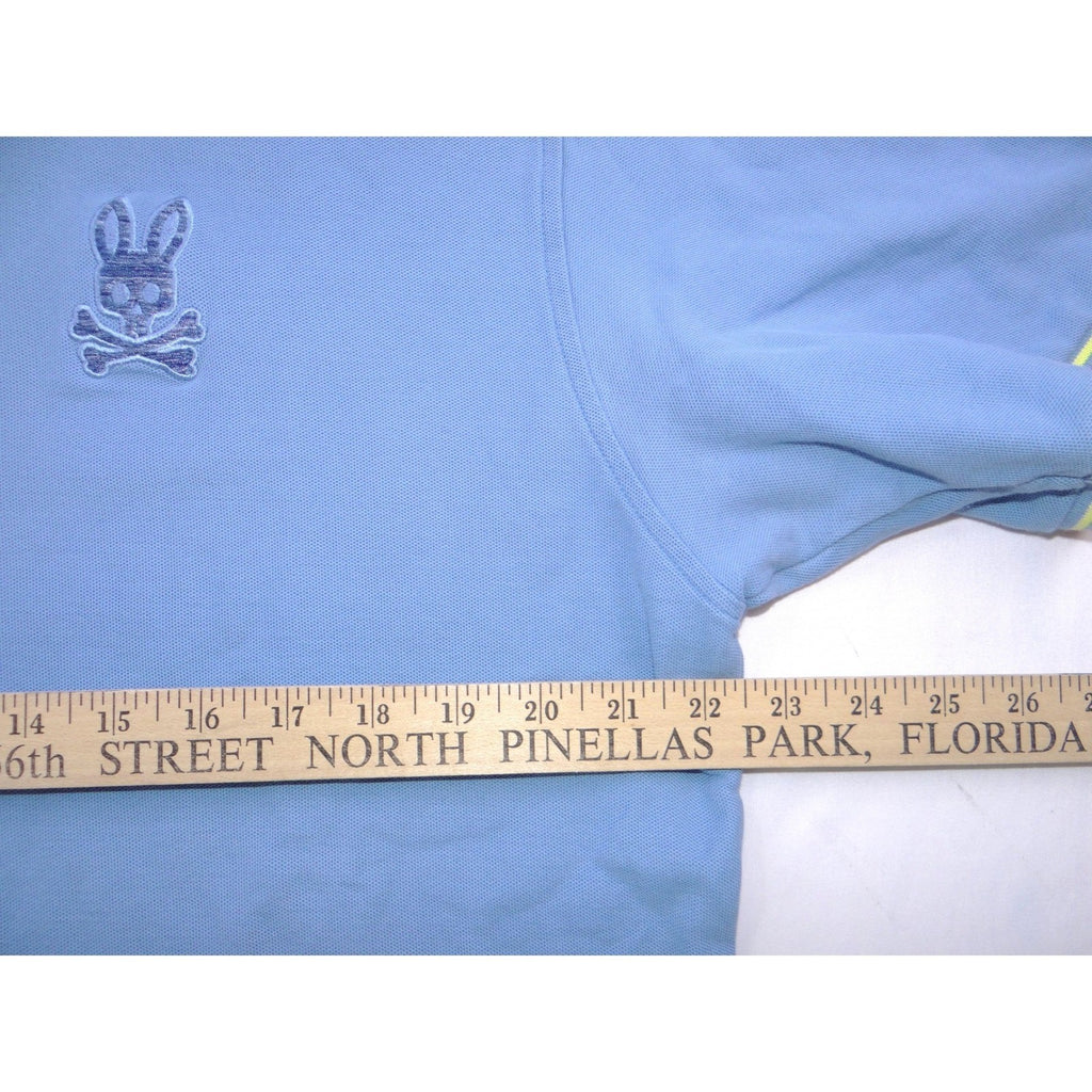 Psycho Bunny Mens Blue Polo Shirt Embroidered Bunny Skull Logo Trim Size 8