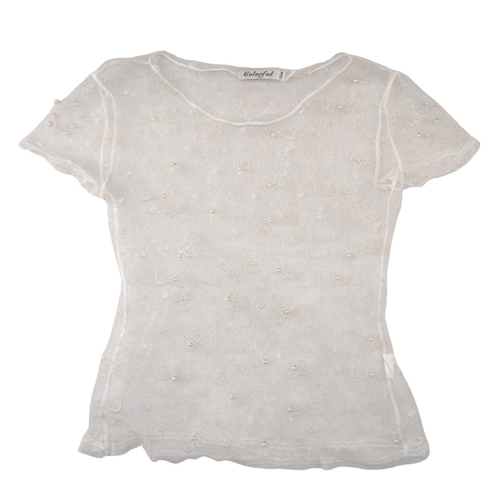 Colorful White Sheer Lace Mesh Bow Pearl Top Short Sleeve Scoop Neck Womens S/M