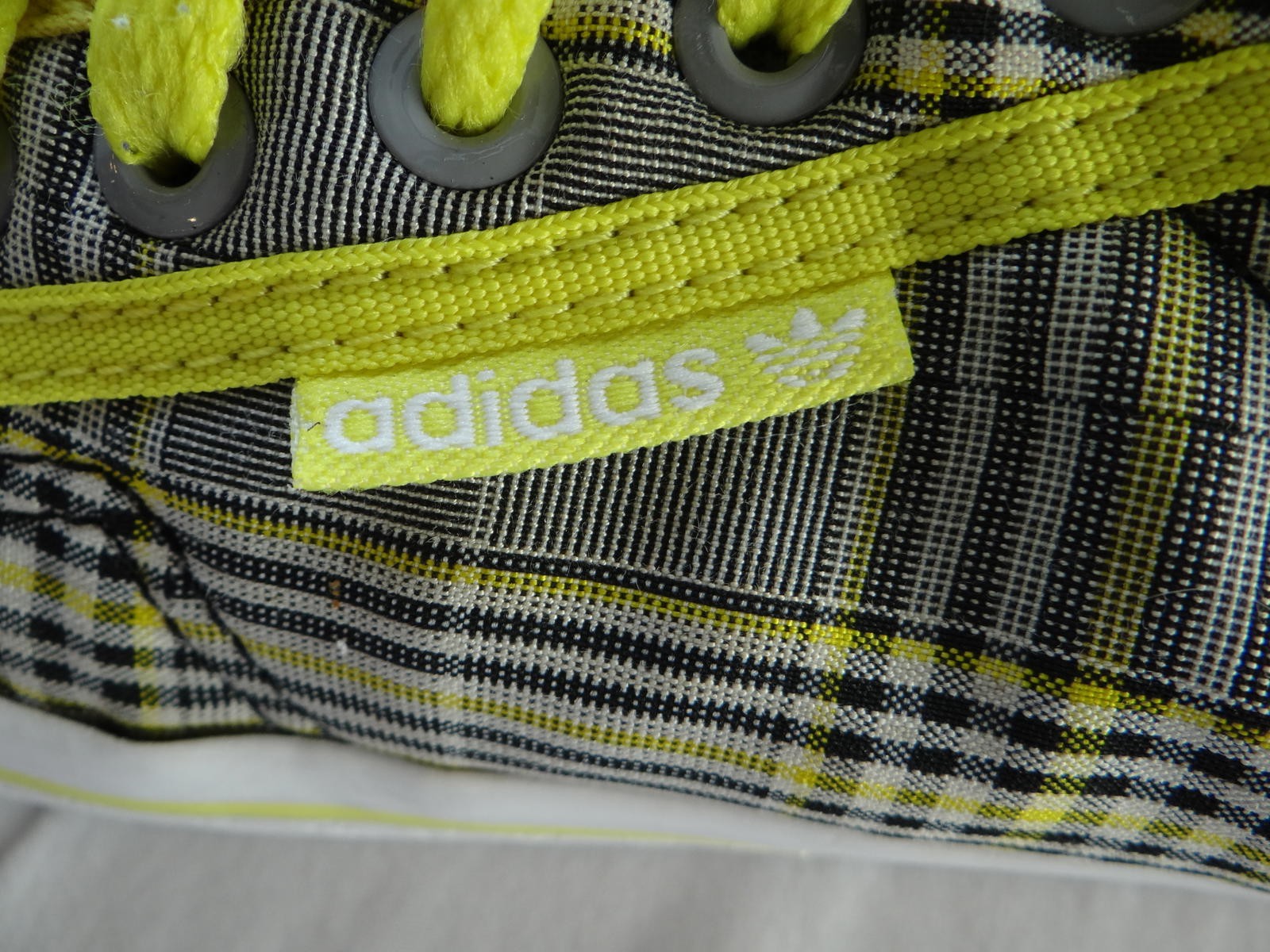 Adidas Plaid Sneakers with Neon Yellow Accents
