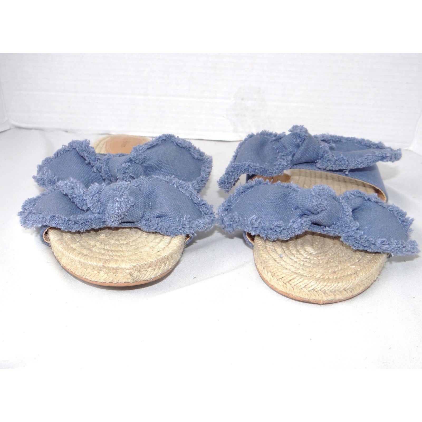 B Blass Womens Blue Frayed Bow Espadrille Slide Sandals Flat Jute Size 7.5M 38