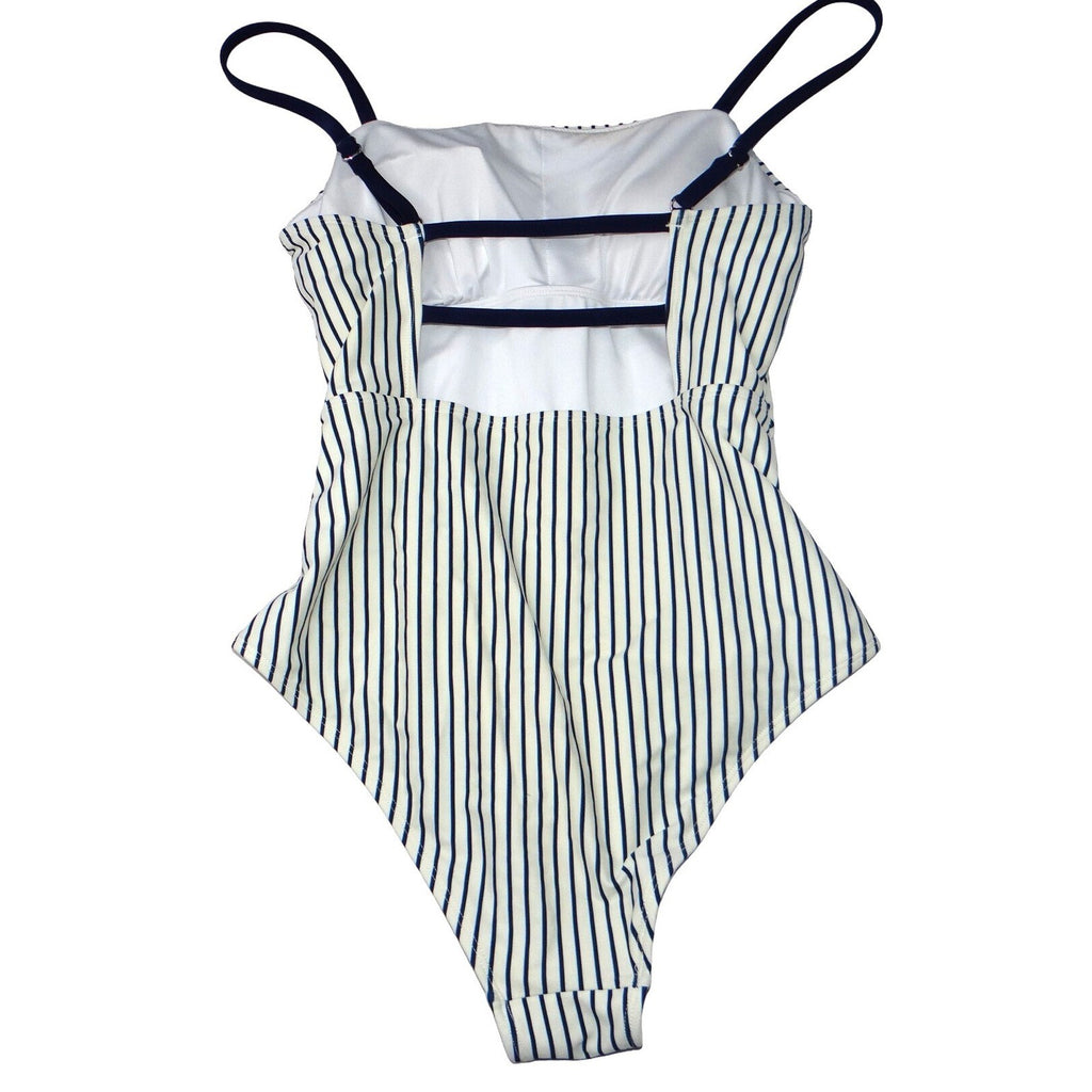Navy Blue White Striped Ruched One Piece Swimsuit Square Neck Nautical Summer S