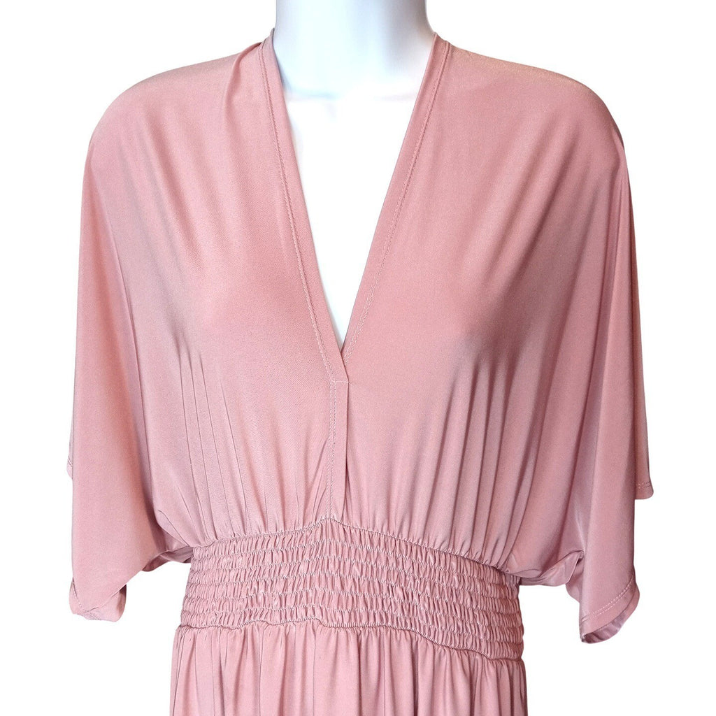 Vintage Pink Maxi Dress Butterfly Sleeves Smocked Waist Lace Trim Boho Flowy