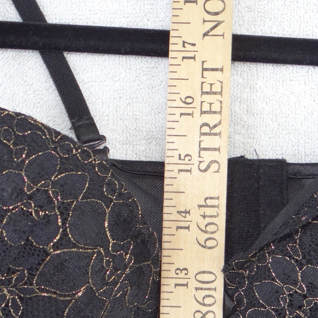 Black Gold Lace Floral Rhinestone Garter Corset Bustier Hook Eye Back S/M
