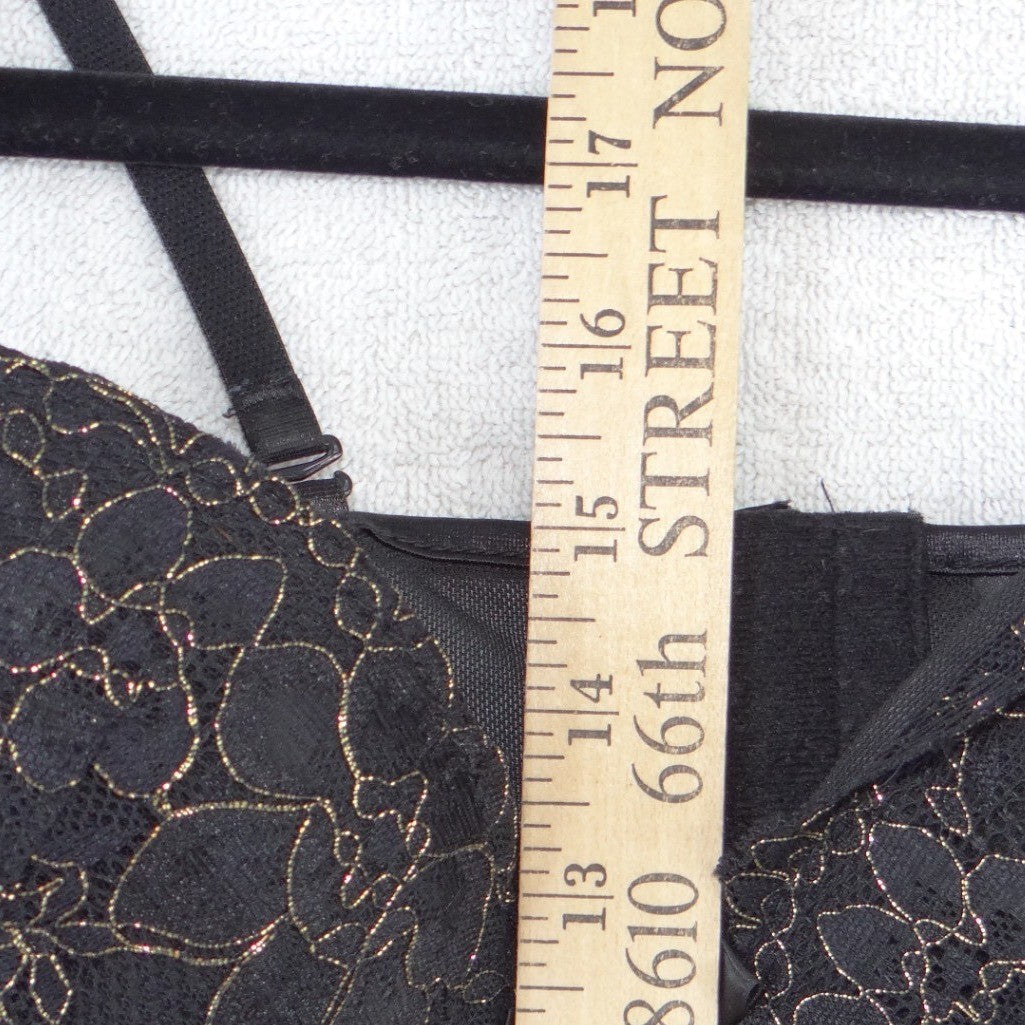 Black Gold Lace Floral Rhinestone Garter Corset Bustier Hook Eye Back S/M