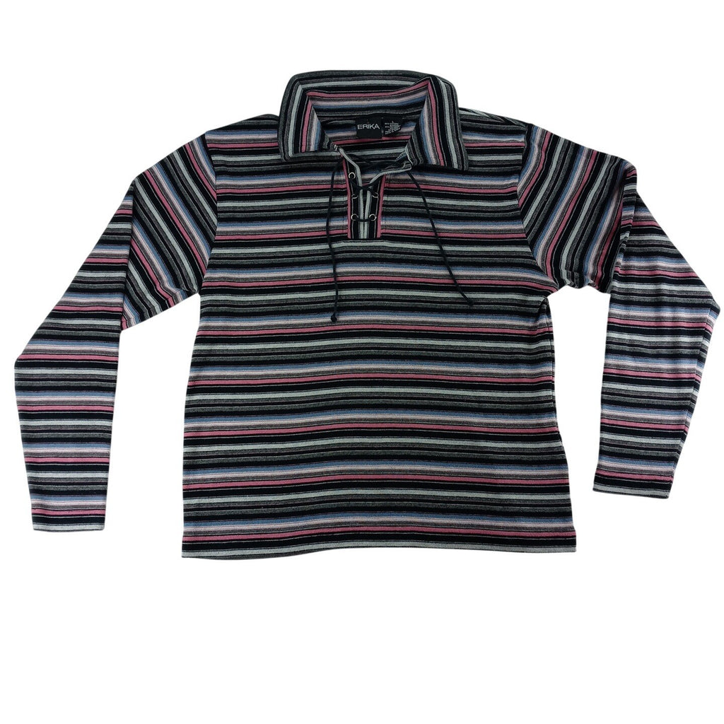 VTG Erika Striped Lace Up Collar Long Sleeve Womens Sz L Pink Black Gray Blue