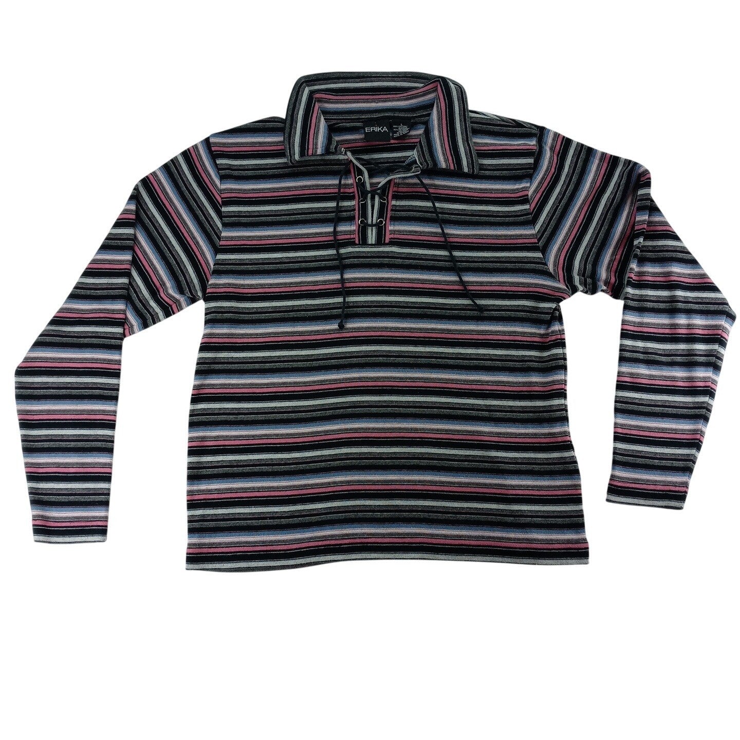 VTG Erika Striped Lace Up Collar Long Sleeve Womens Sz L Pink Black Gray Blue