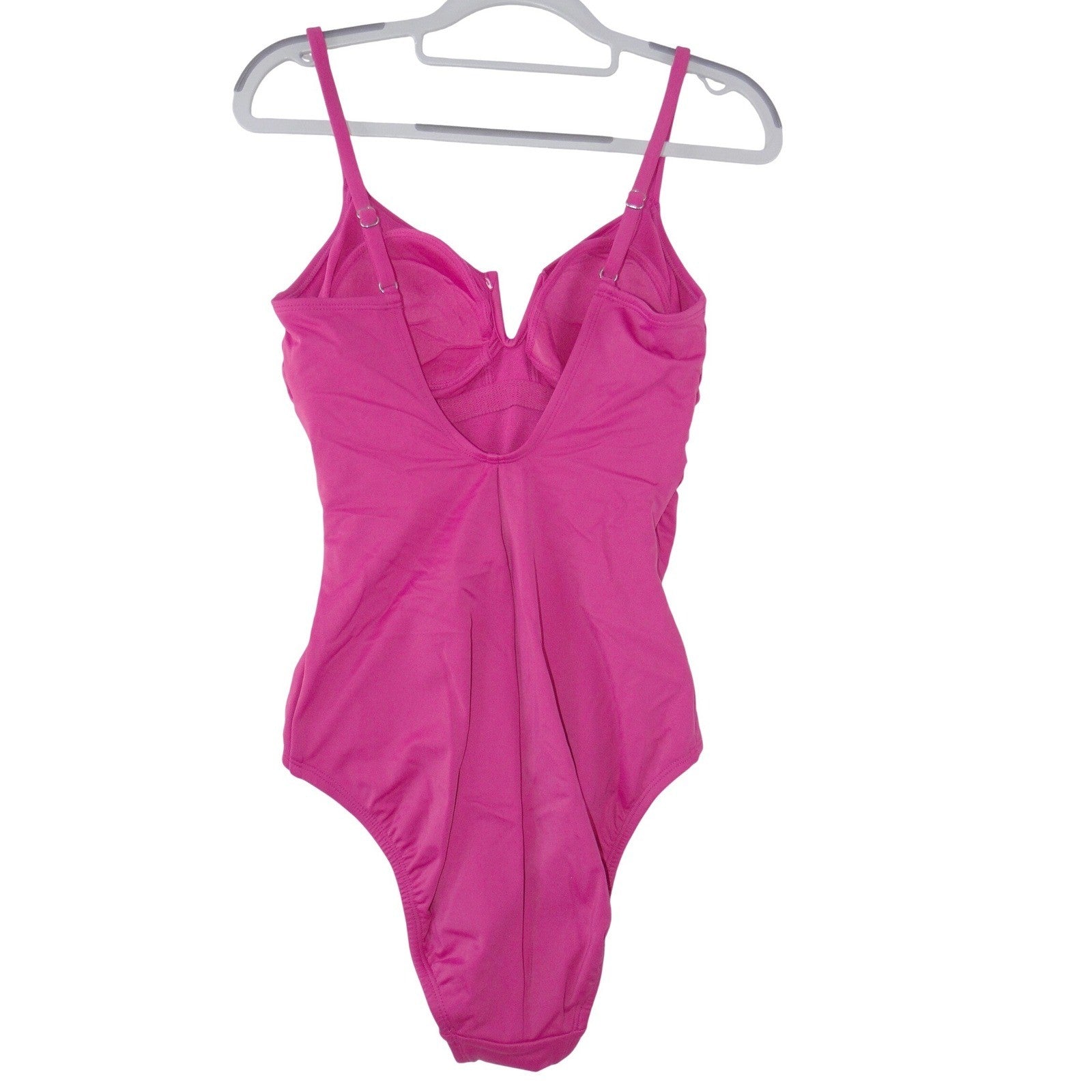 Womens Pink Ruched One Piece Swimsuit Size M 8-10 Notched V-Neck