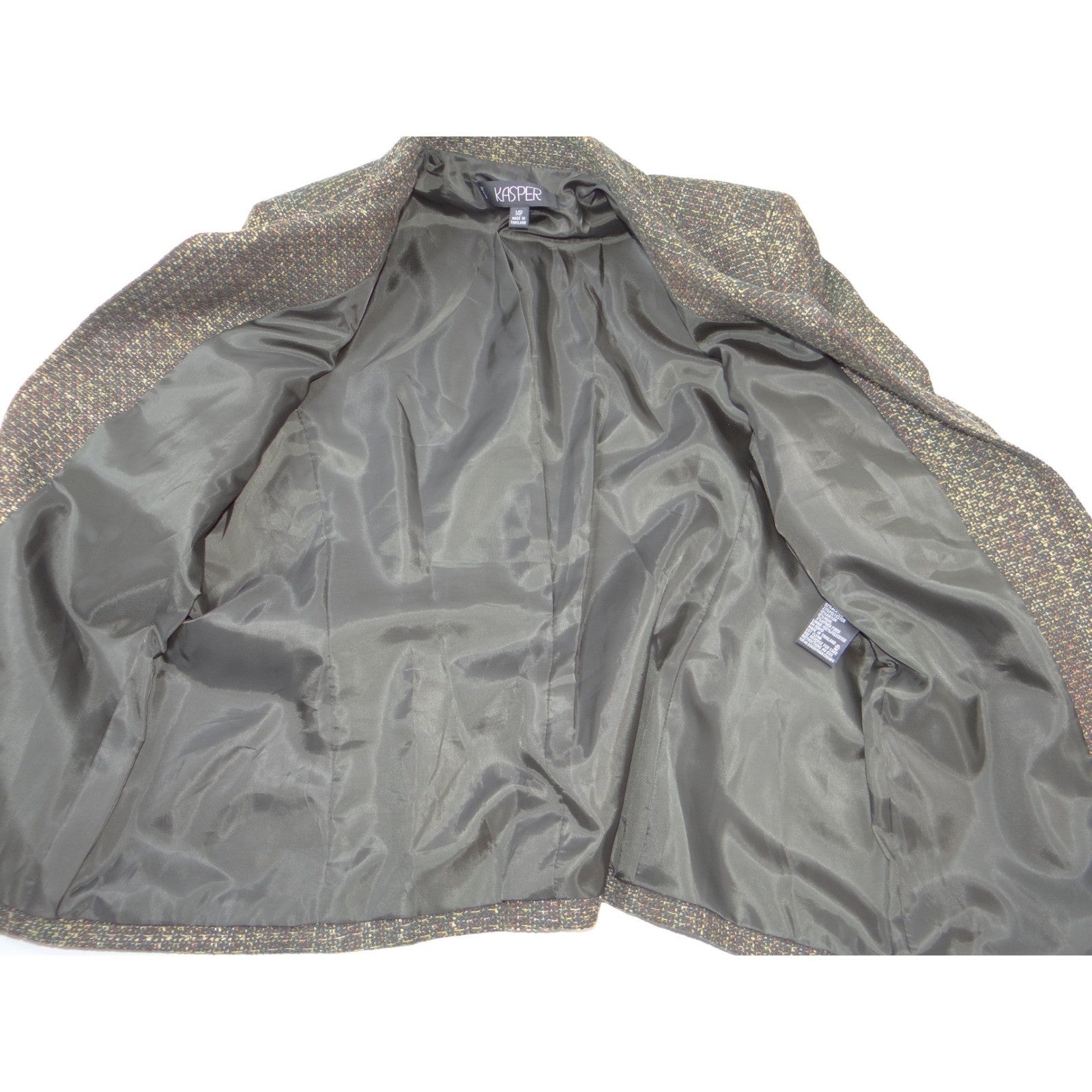 VTG Kasper Womens 14P Petite Textured Tweed Blazer Jacket Brown Olive 4-Pocket