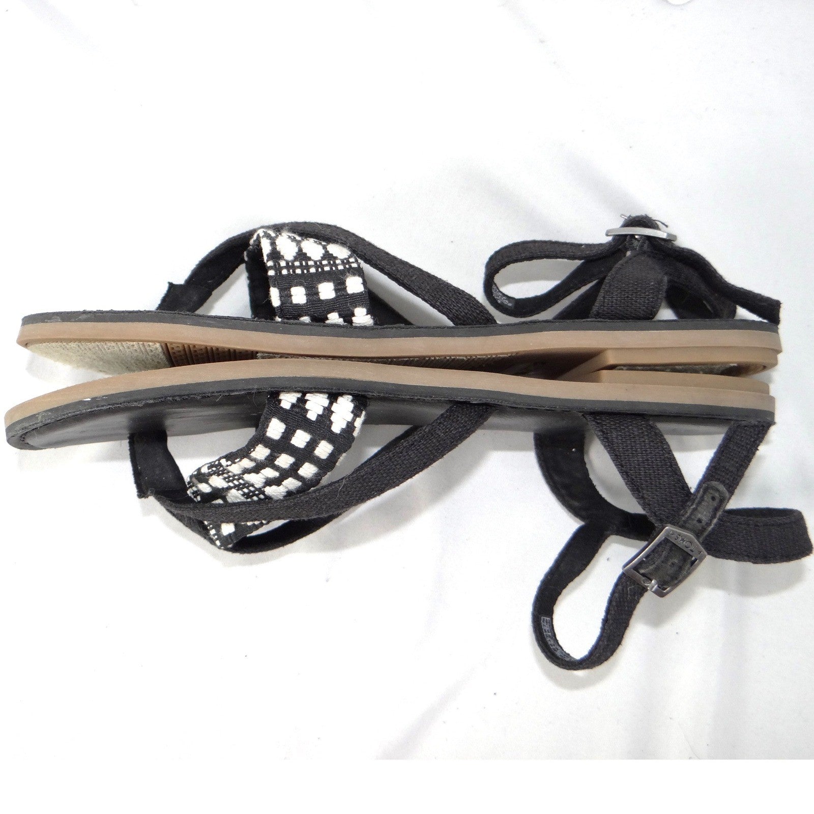 TOMS Lexie Black White Woven Geometric Ankle Strap Flat Sandals Womens 7.5