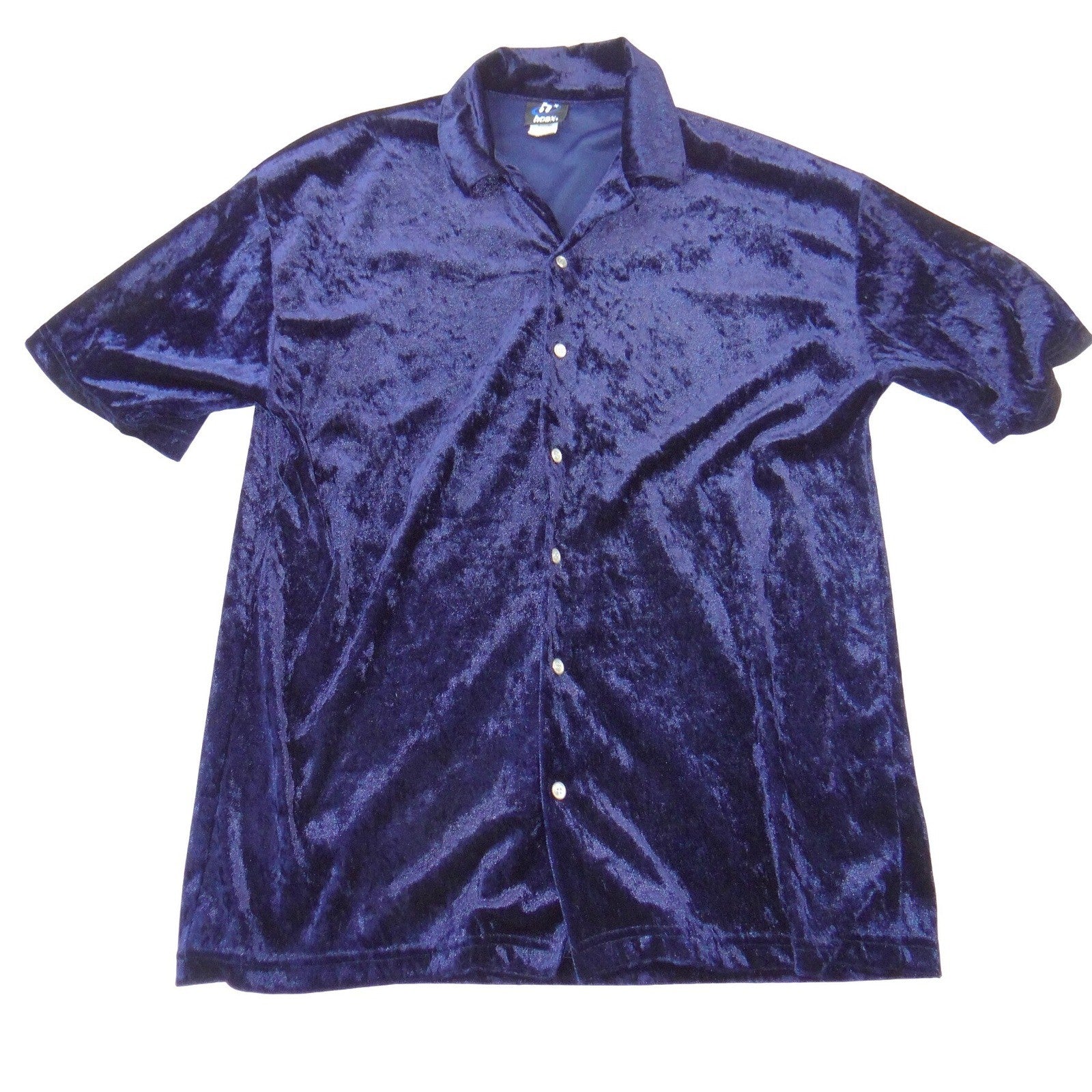 Hoax Vintage Navy Blue Crushed Velvet Button Down Shirt Short Sleeve Medium
