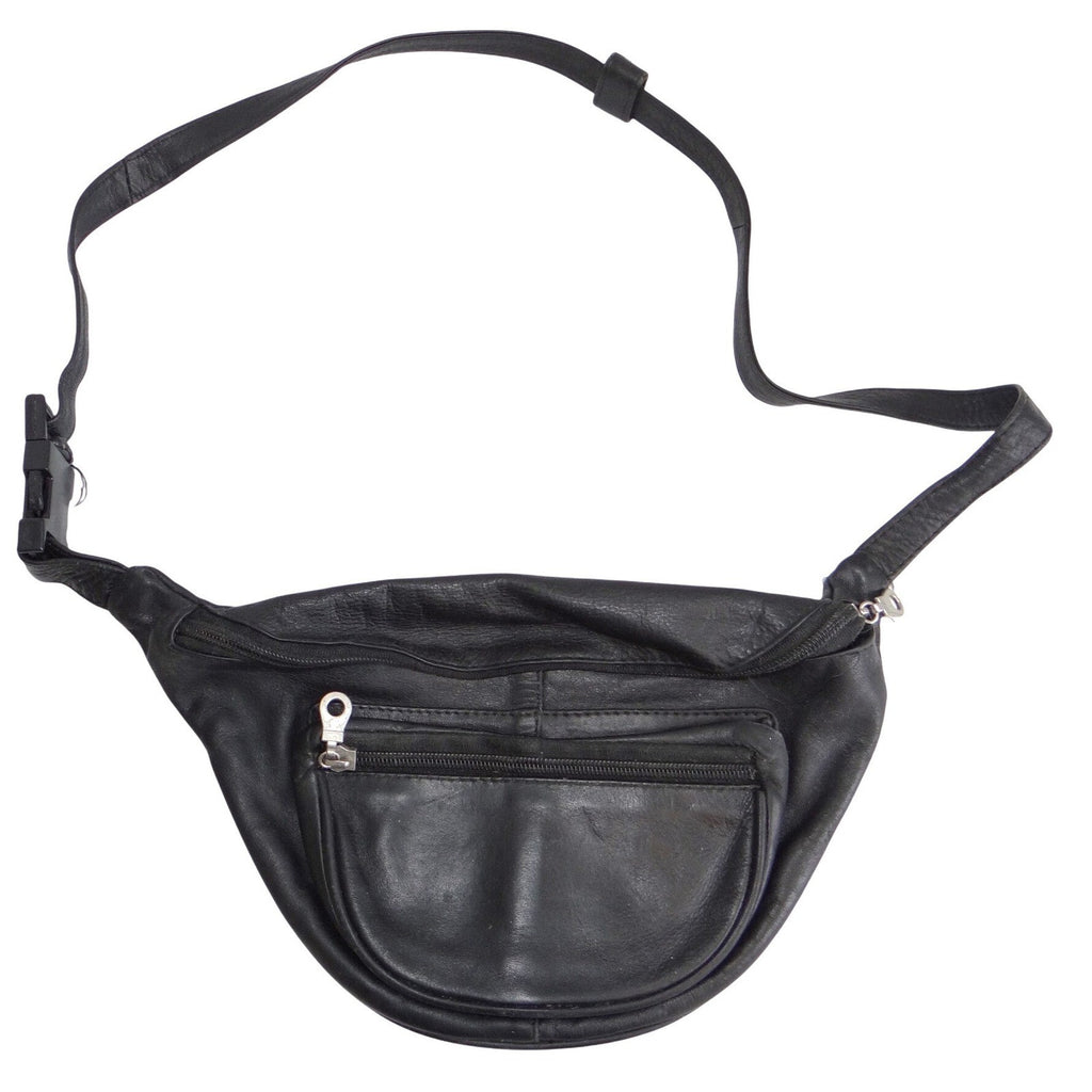 Vintage Black Leather Fanny Pack Waist Bag Multiple Pockets Adjustable Strap