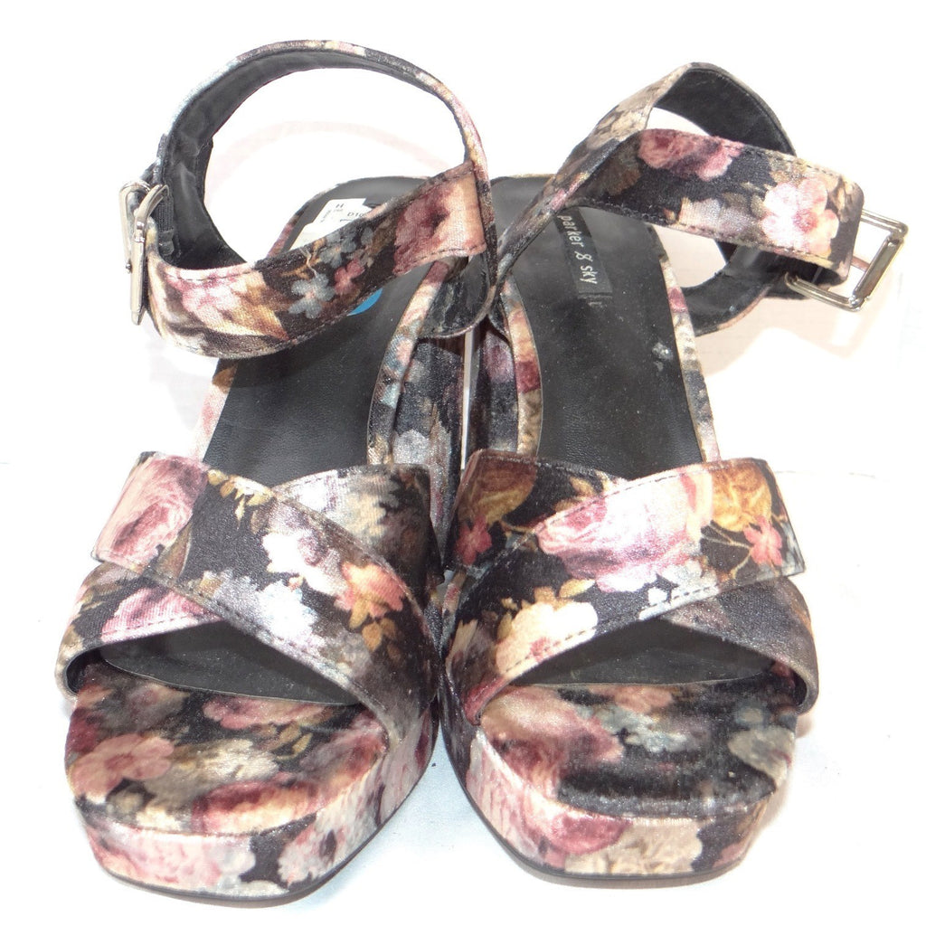 Parker & Sky Womens Floral Velvet Platform Block Heel Sandals Size 10 Black