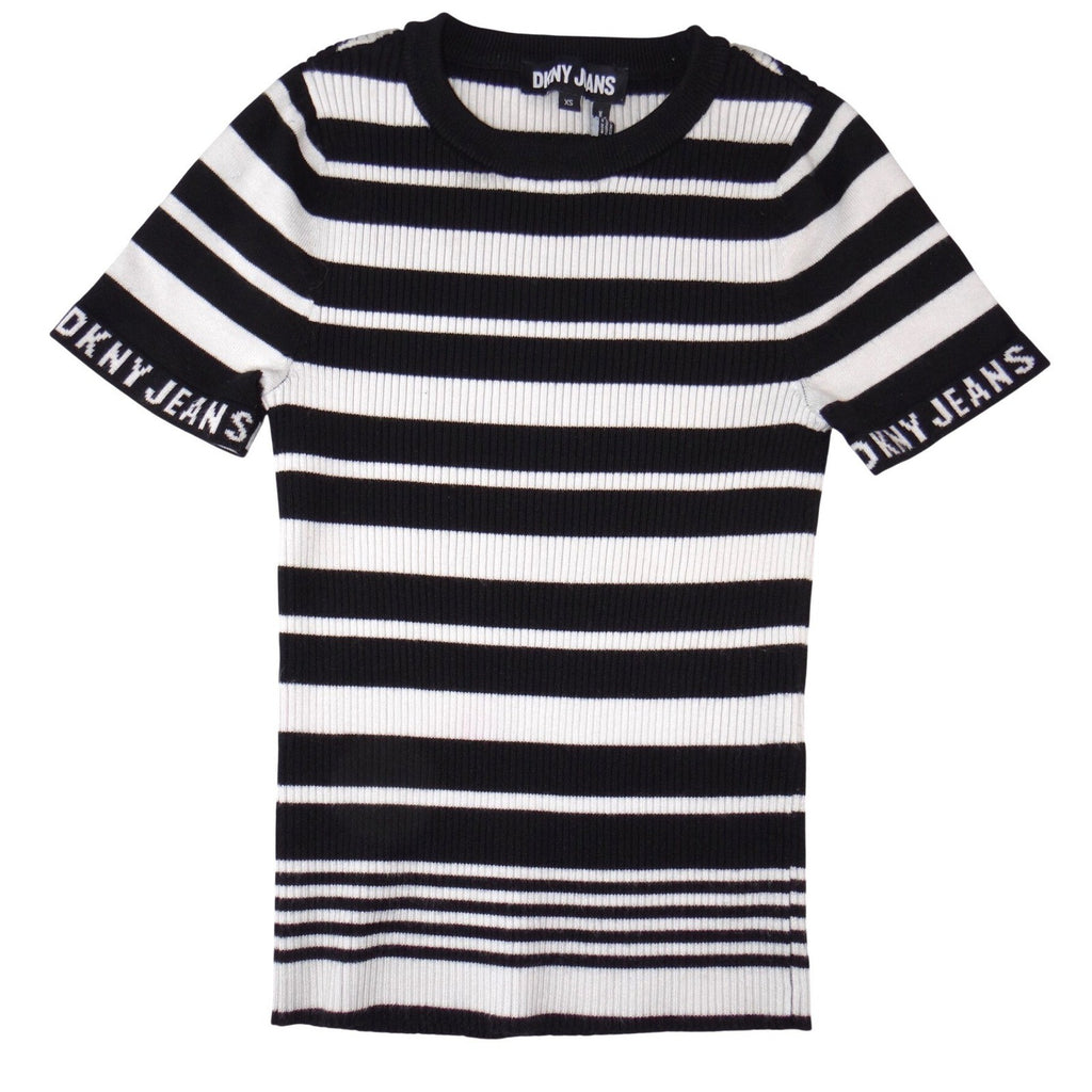 DKNY Jeans Womens Black White Striped Ribbed Knit Short Sleeve Top XS