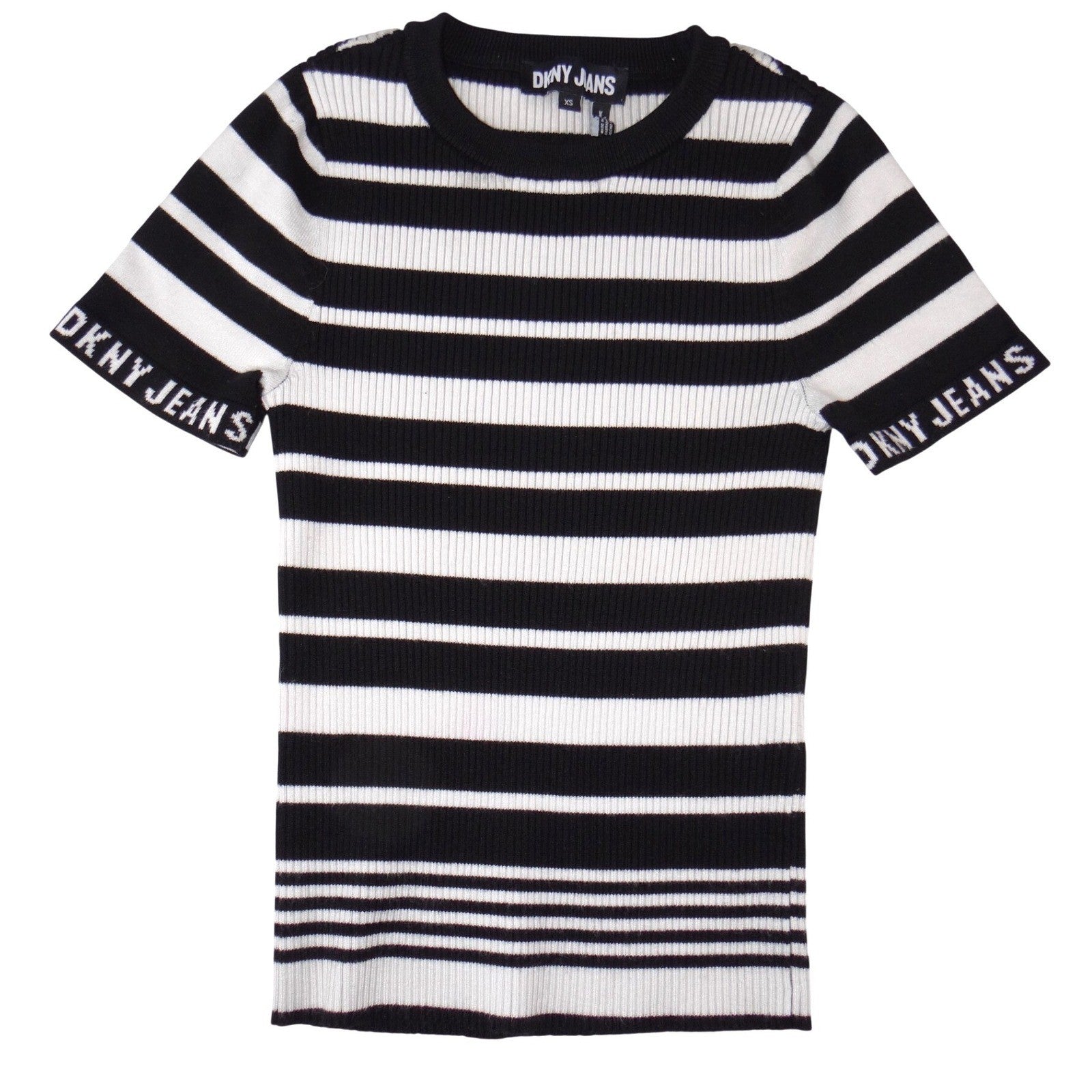 DKNY Jeans Womens Black White Striped Ribbed Knit Short Sleeve Top XS