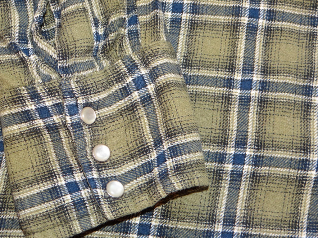 Men's Olive Green Plaid Casual Shirt with Snap Buttons