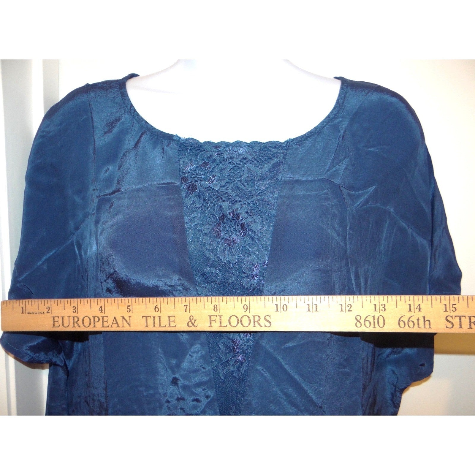 Teal Blue Satin Lace Inset Shift Dress Short Sleeve Knee Length Relaxed Fit