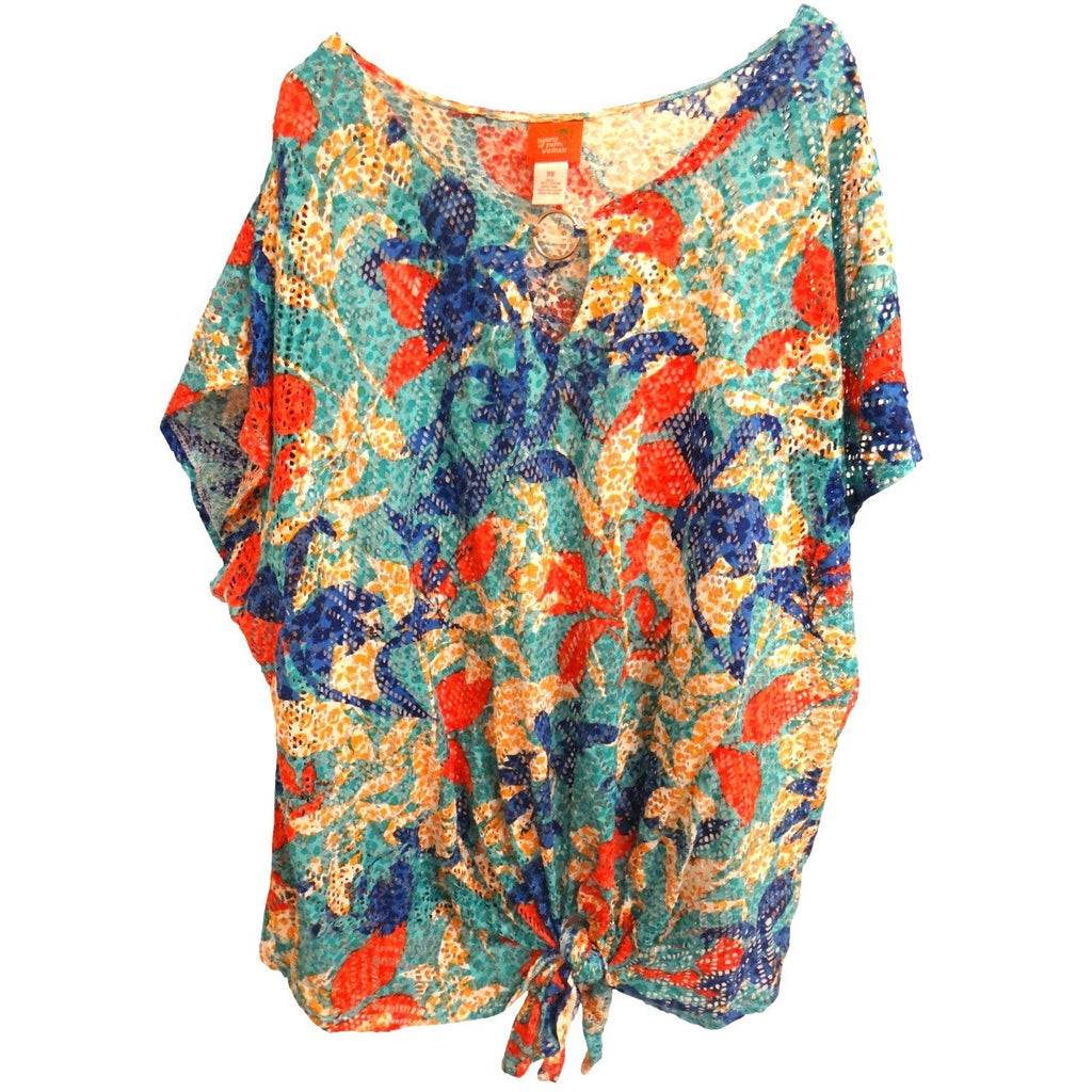 Hearts of Palm Woman 3X Tropical Print Lace Tie Front Cover Up Top