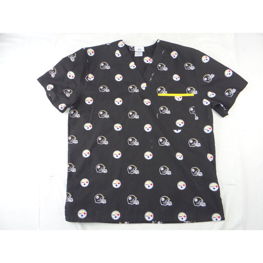 NFL Team Apparel Pittsburgh Steelers Scrub Top Womens Black V-Neck Logo Print L
