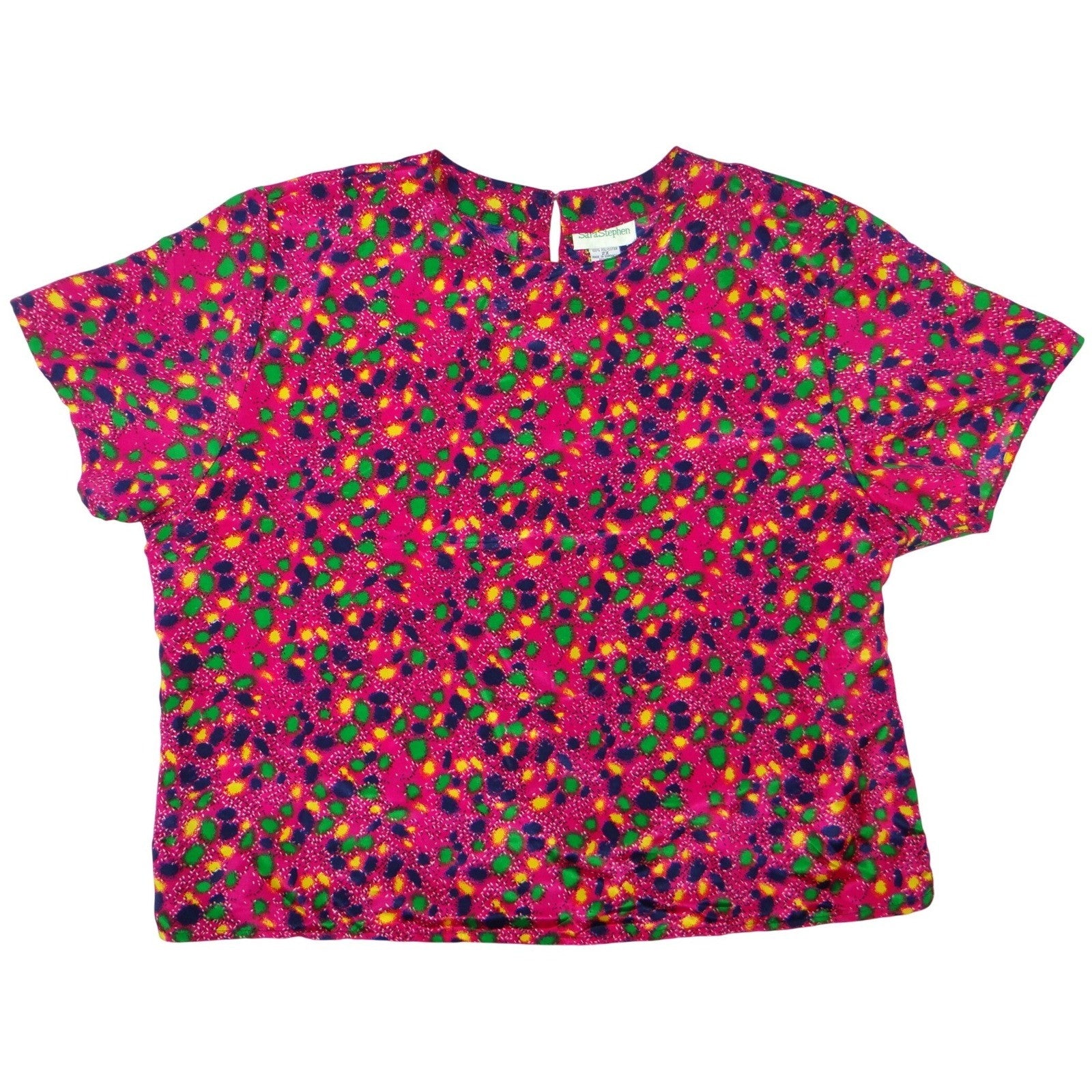 Sara Stephen Womens 2X Pink Floral Print Short Sleeve Button Back Blouse Top