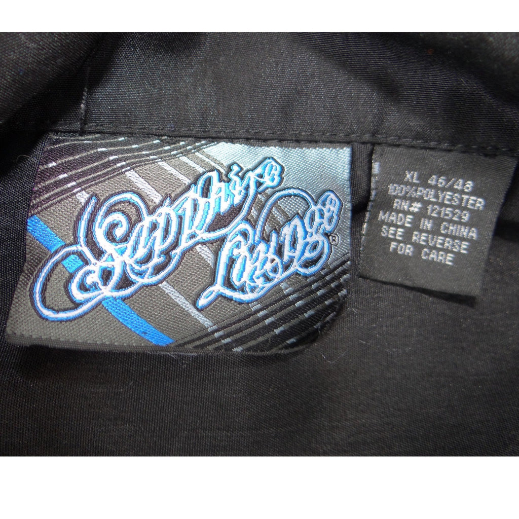 Sapphire Lounge Mens XL Black Silver Sword Tribal Graphic Button Down Shirt Y2K