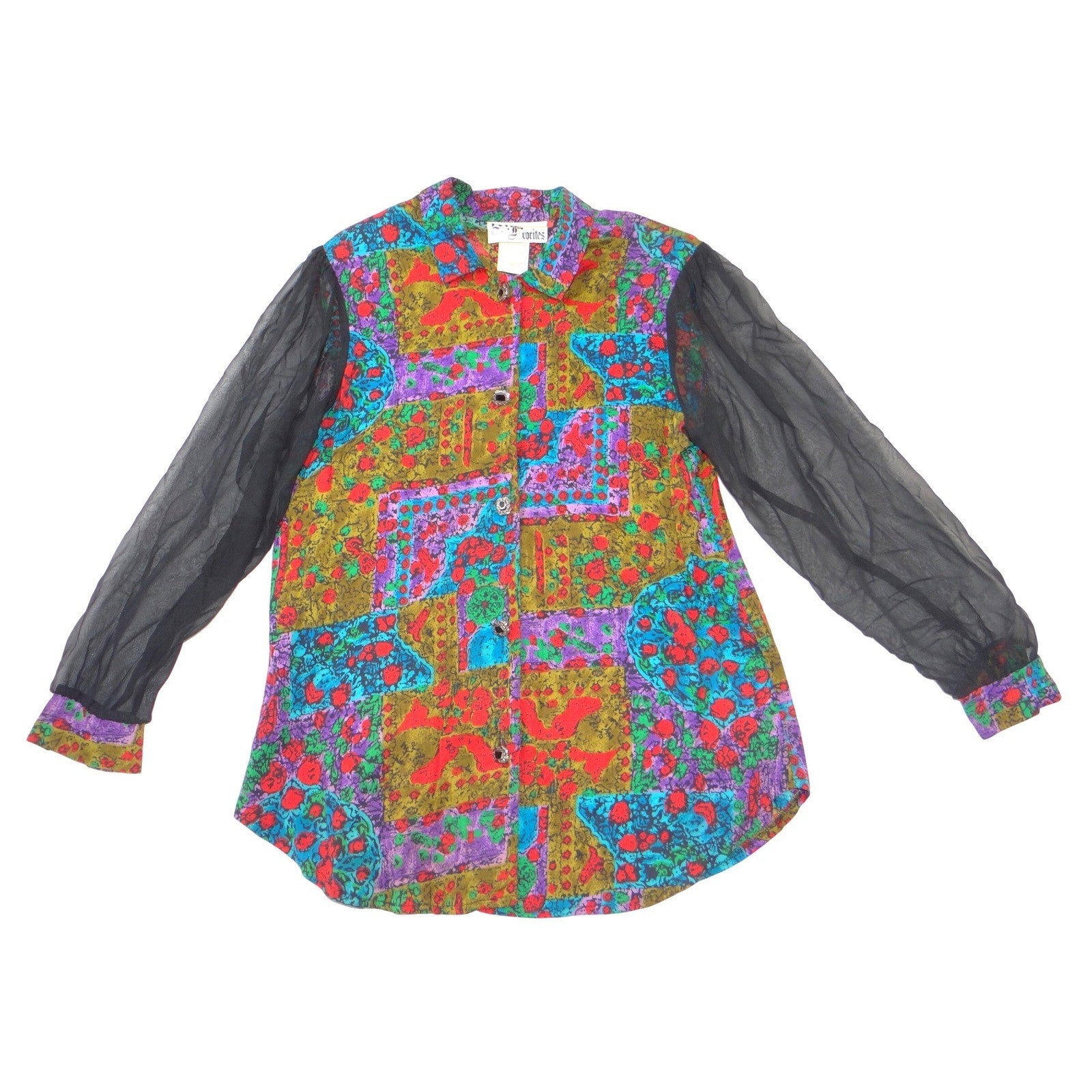My Favorites Vintage Patchwork Blouse Sheer Mesh Sleeves Heart Buttons Large