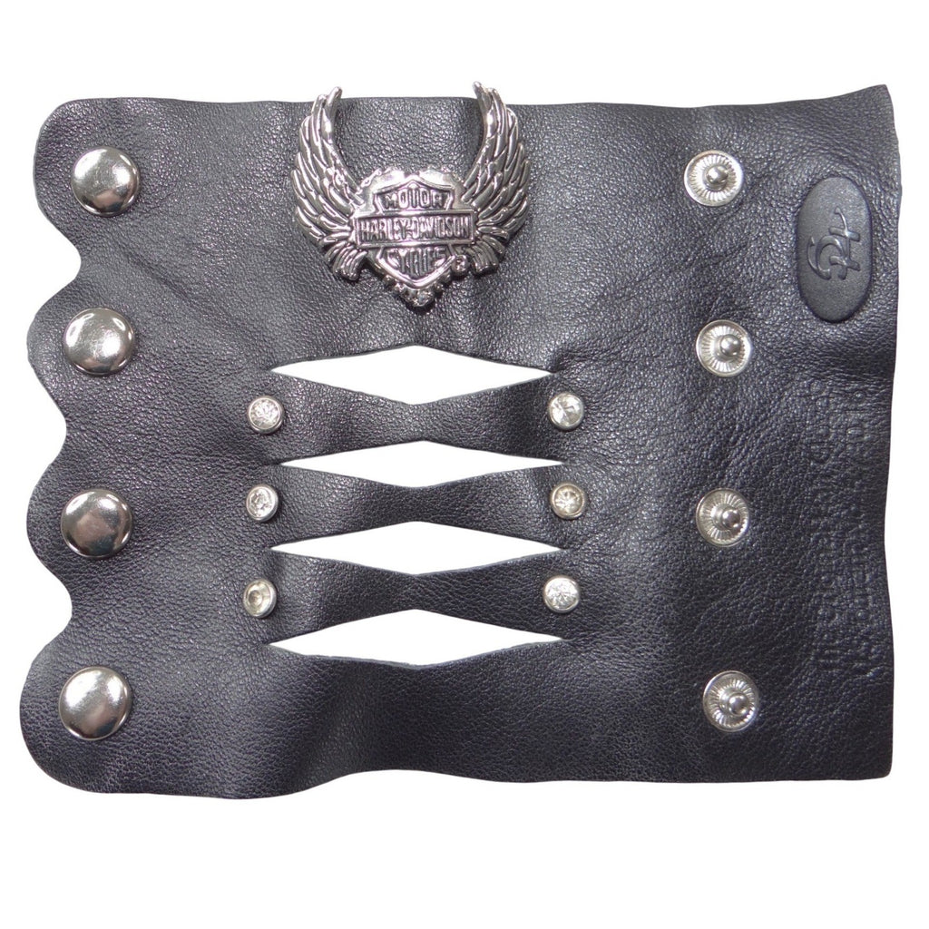 Harley-Davidson Black Leather Winged Heart Hair Glove Ponytail Wrap Rhinestone
