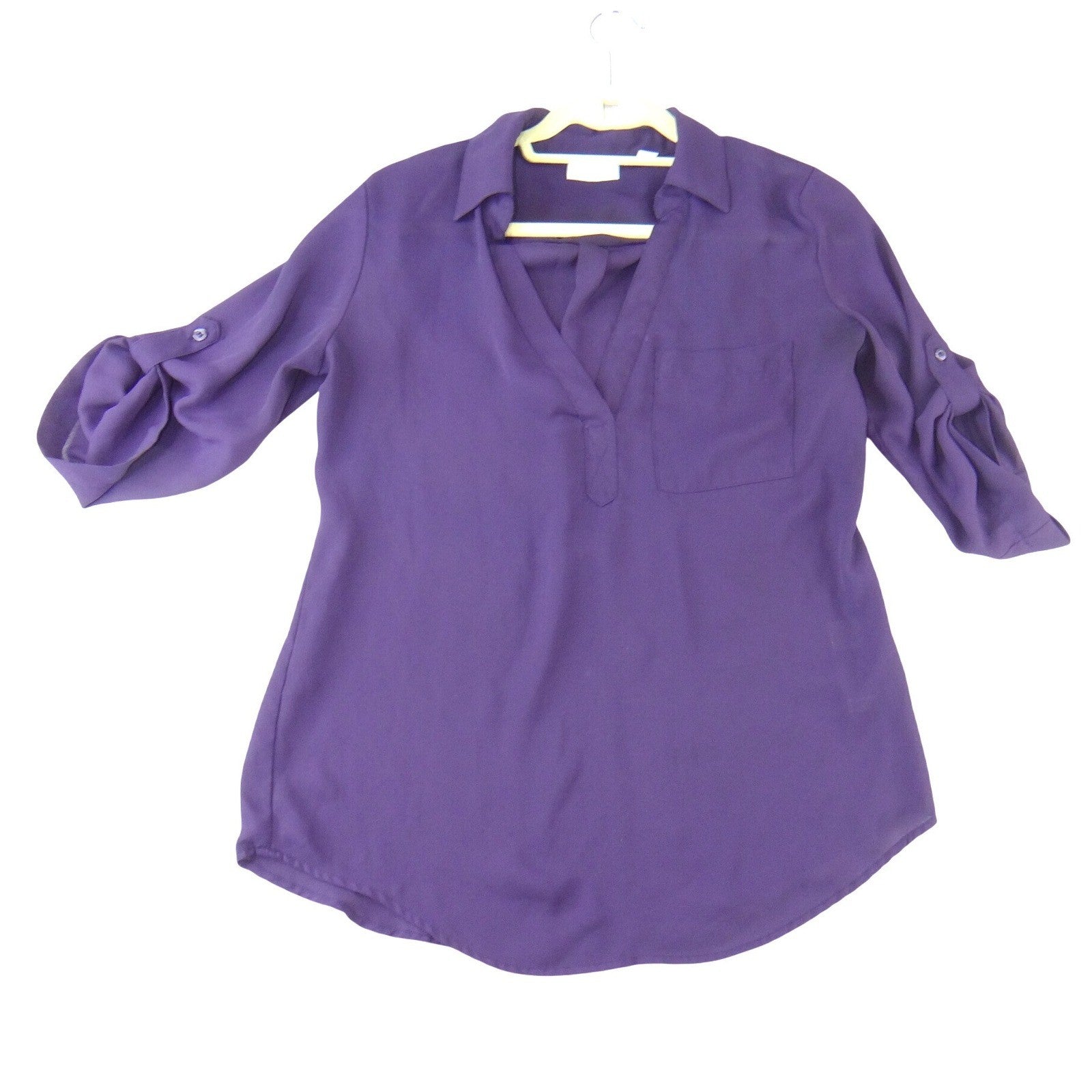 New York & Company Purple Roll Tab Sleeve Split V-Neck Blouse Small