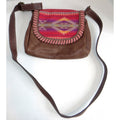 Brown Leather Southwestern Woven Flap Crossbody Bag Whipstitch Detail Boho