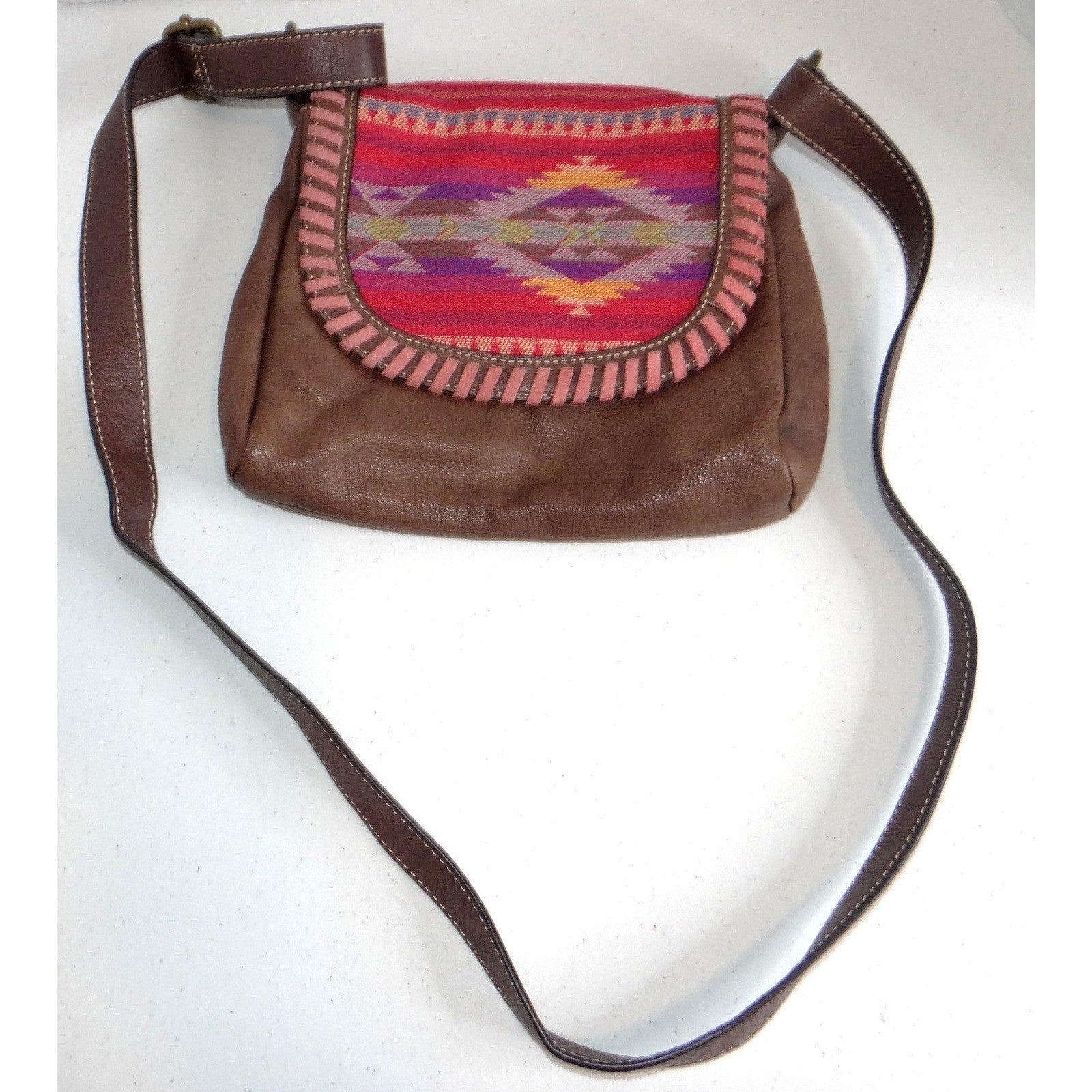 Brown Leather Southwestern Woven Flap Crossbody Bag Whipstitch Detail Boho