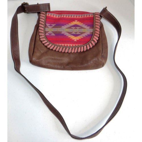 Brown Leather Southwestern Woven Flap Crossbody Bag Whipstitch Detail Boho