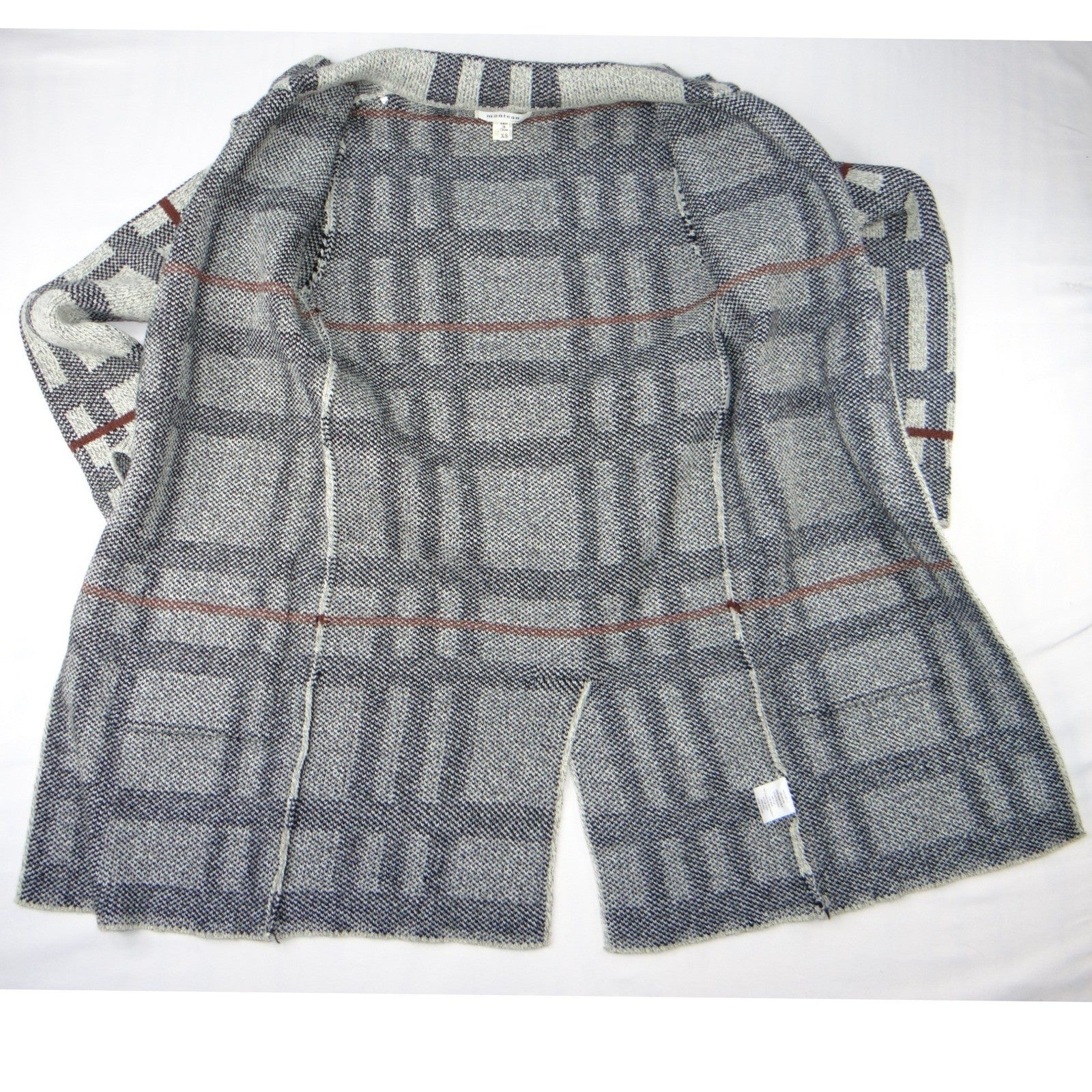 MONTEAU Women's Gray Plaid Open Front Knit Cardigan Sweater XS