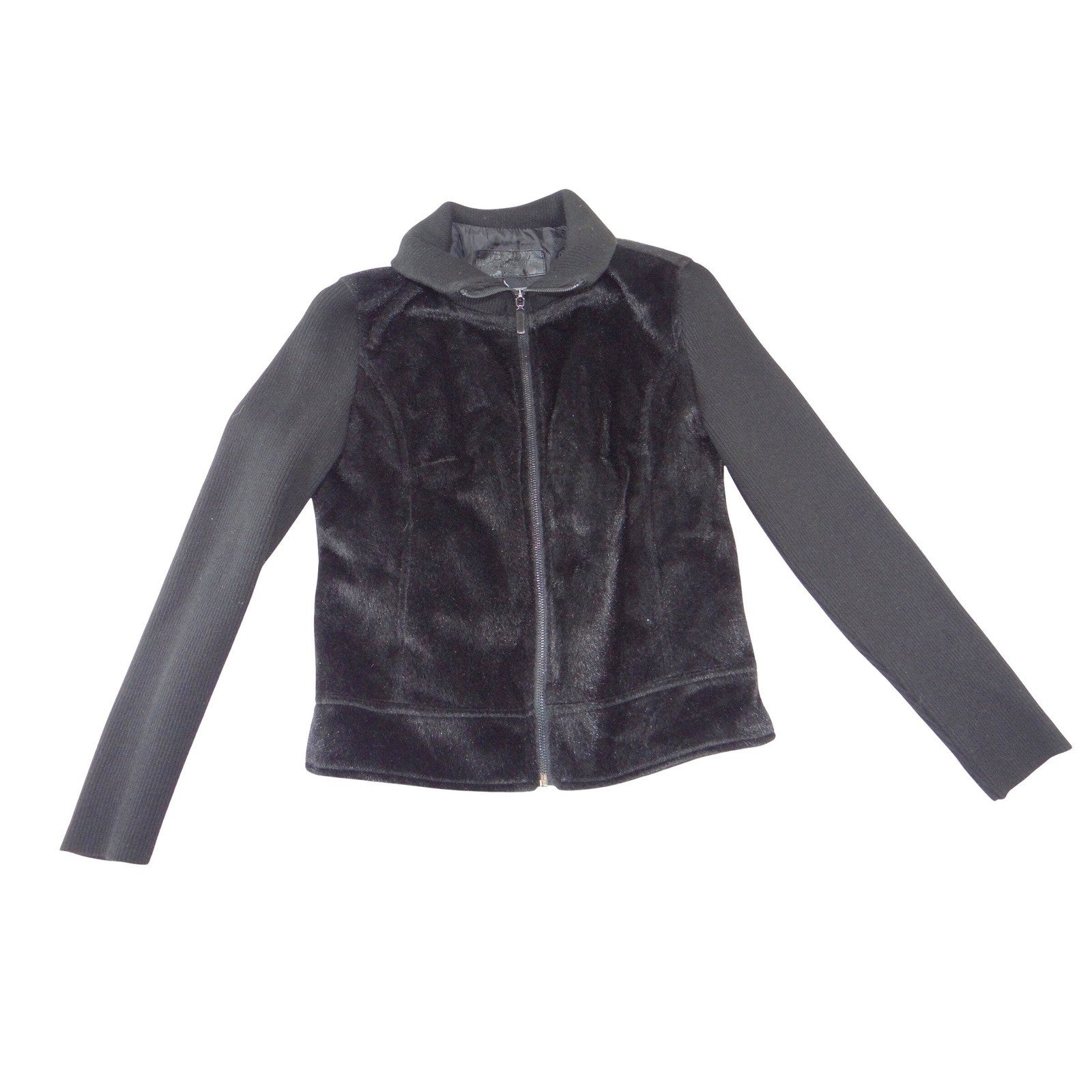 NWT-Jaclyn Smith Womens Black Faux Fur Ribbed Knit Full Zip Mock Neck Jacket S
