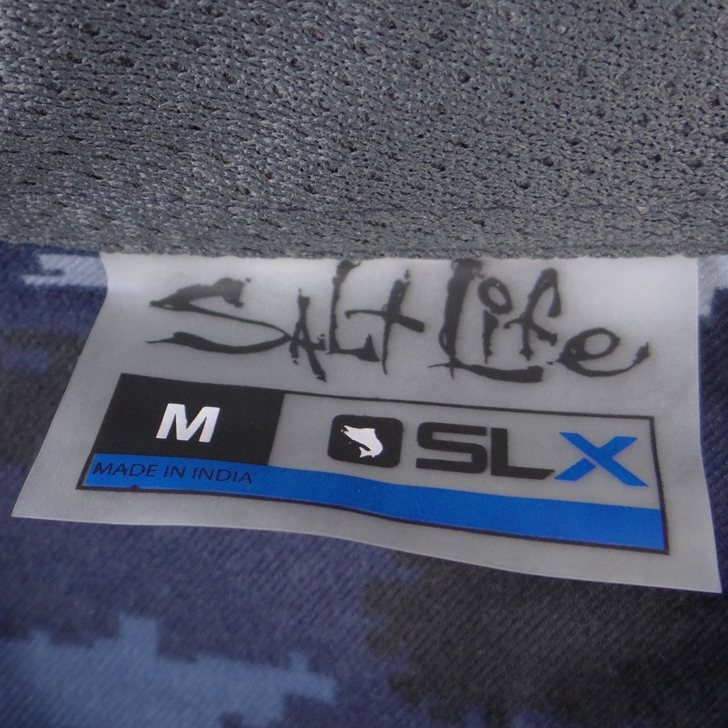 NWT-Salt Life SLX Mens Medium Blue Black Fish Camo Long Sleeve Button Down