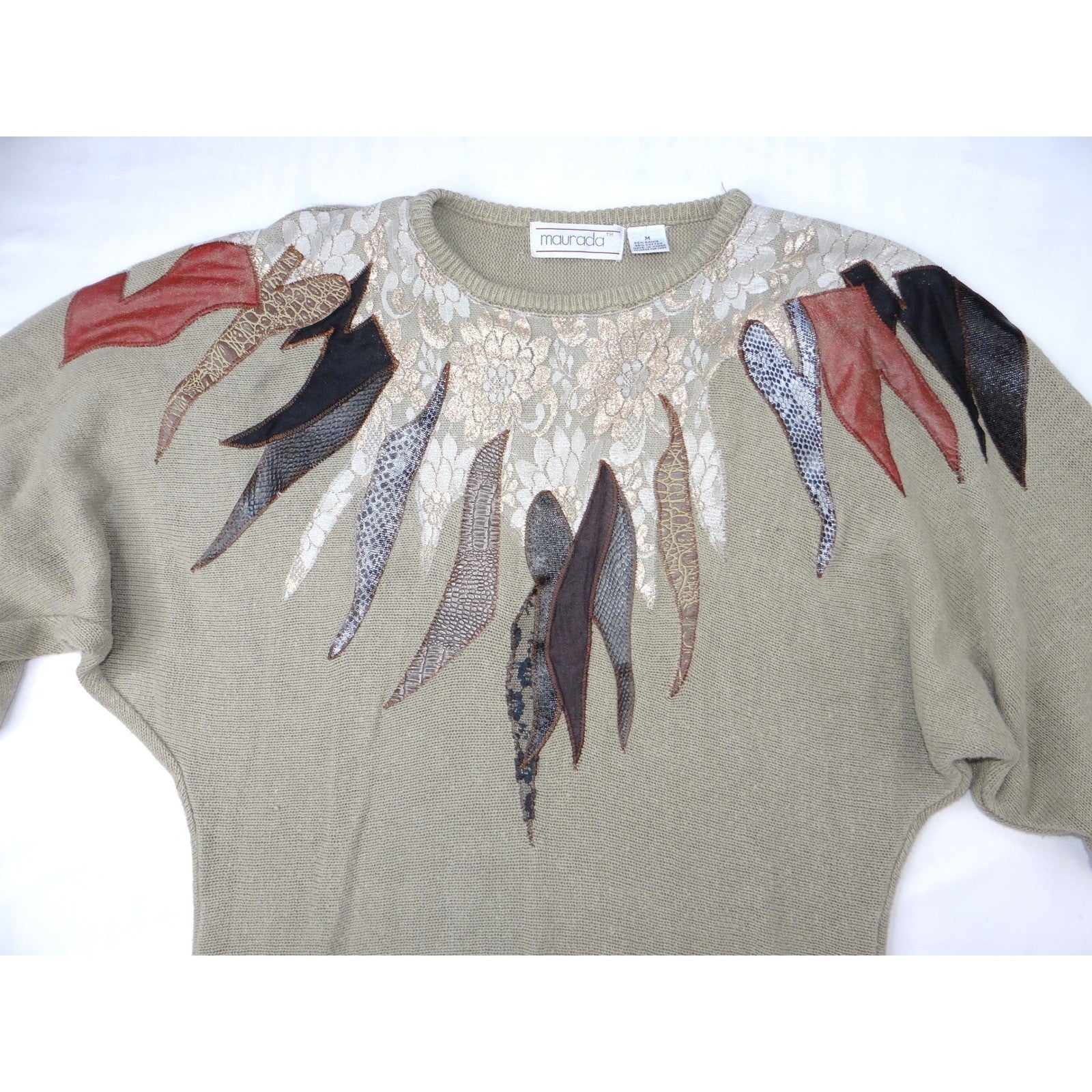 Vintage Unique Maurada Embellished Sweater Beige Knit Dolman Sleeve Women's M