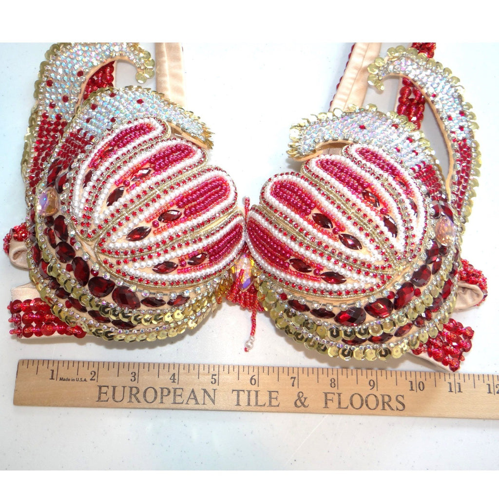 Red Gold Beaded Sequin Rhinestone Mermaid Shell Bra Top Festival Dance Small