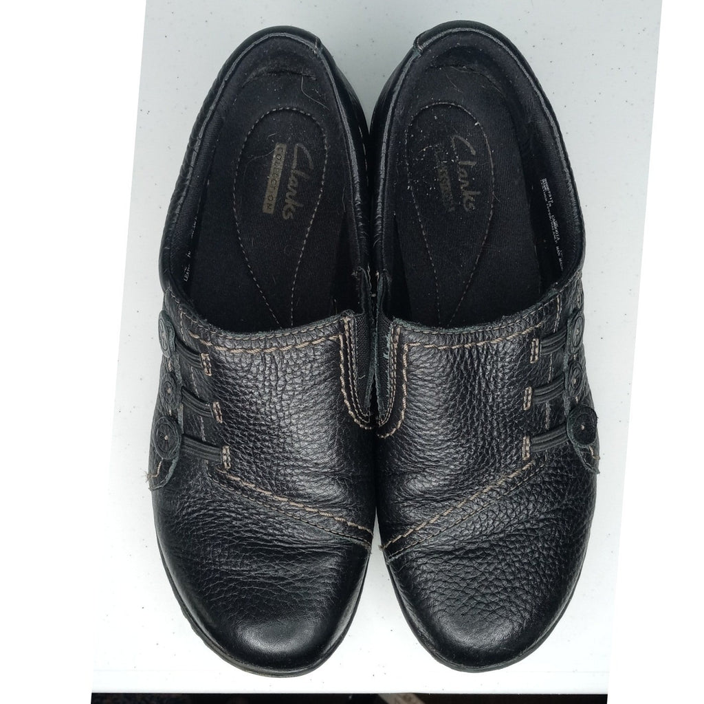 Clarks Black Leather Slip On Comfort Shoes Women's Size 8M