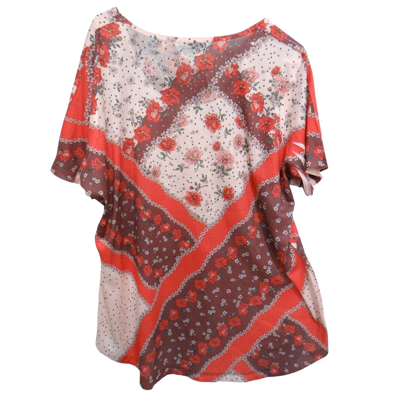 One World Womens Plus Size 2X Floral Print Rhinestone Short Sleeve Top