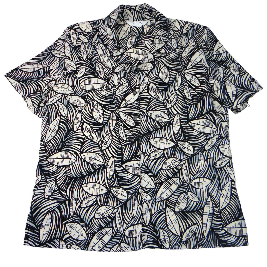 Vintage Alia Womens Sz 10 Black White Leaf Print Short Sleeve Button Blouse Top