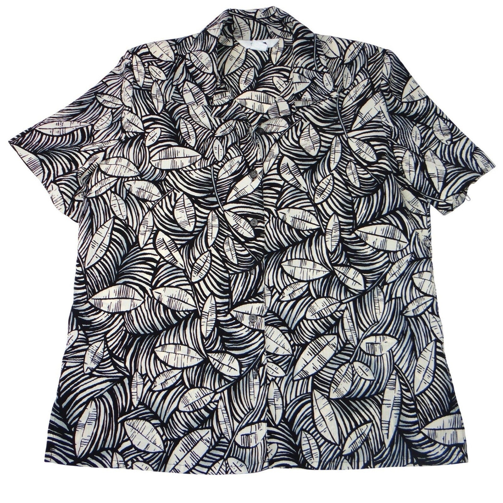 Vintage Alia Womens Sz 10 Black White Leaf Print Short Sleeve Button Blouse Top