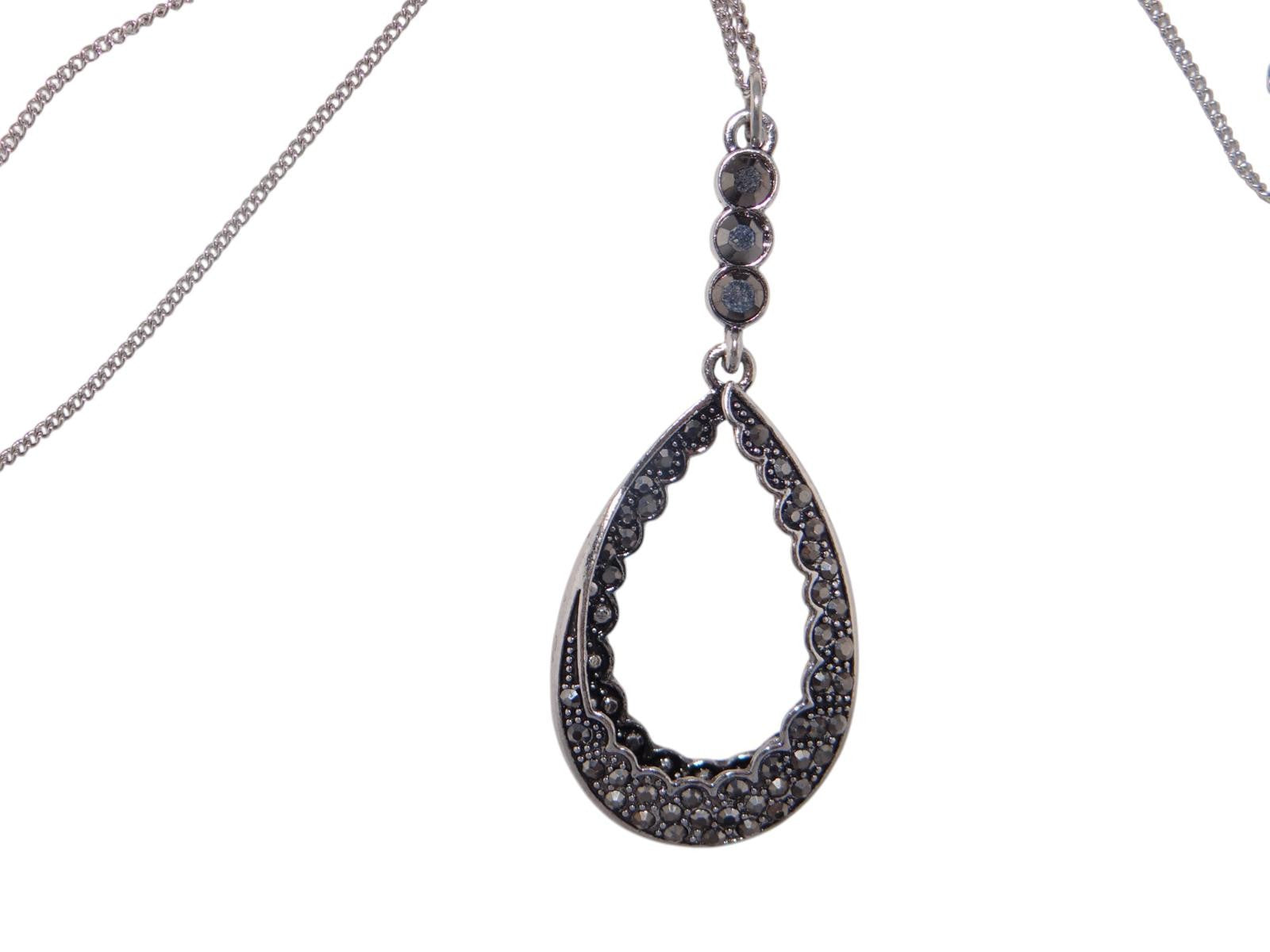 Elegant Black & Silver Teardrop Necklace with Matching Earrings