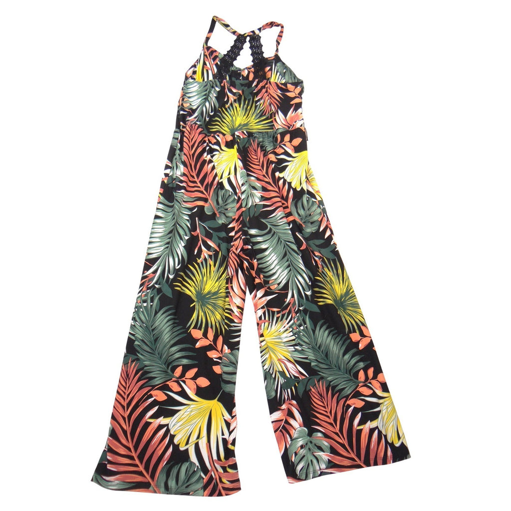 No Boundaries Womens Tropical Palm Print Wide Leg Jumpsuit Black Large 11-13