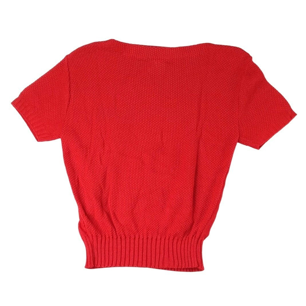 Vintage Barry & Me Red Knit Cropped Short Sleeve Sweater Women USA Made