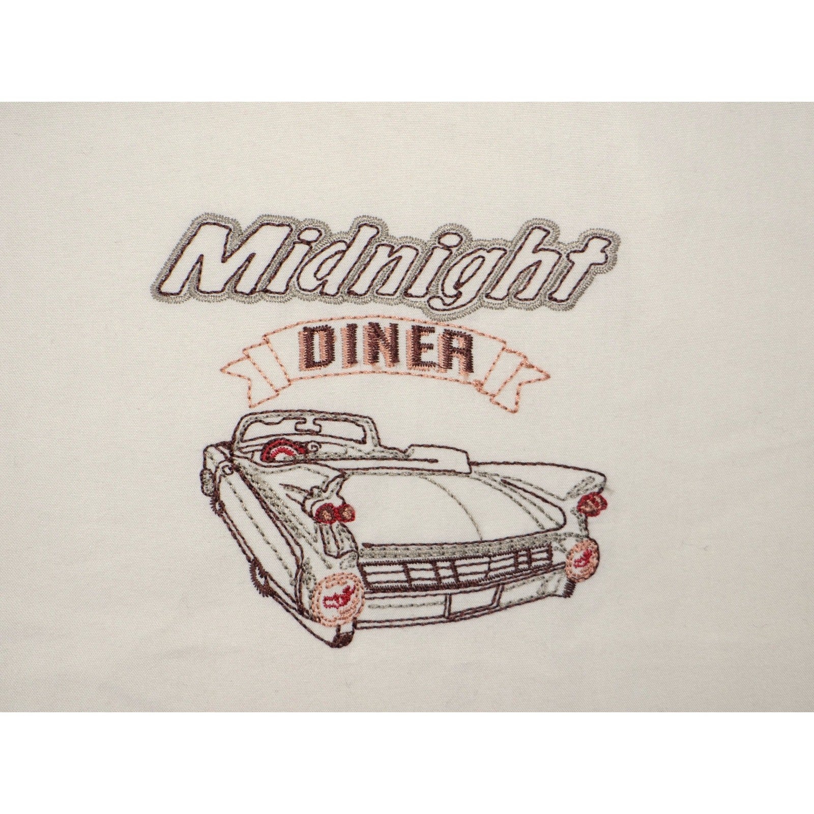 Centro Mens XL Short Sleeve Button Up Shirt Cream Midnight Diner Car Embroidered