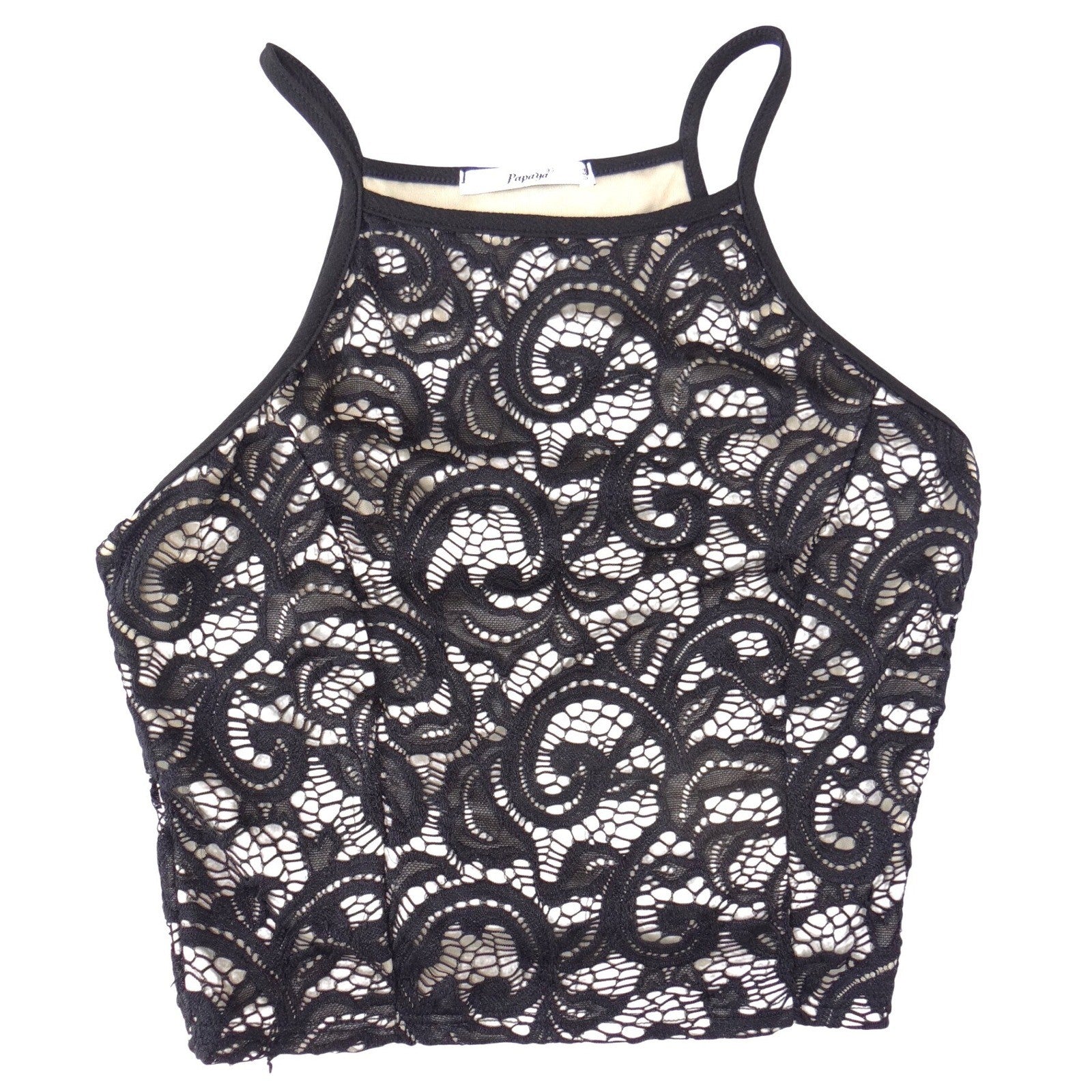 Papaya Womens Black Floral Lace High Neck Crop Top Spaghetti Strap Medium