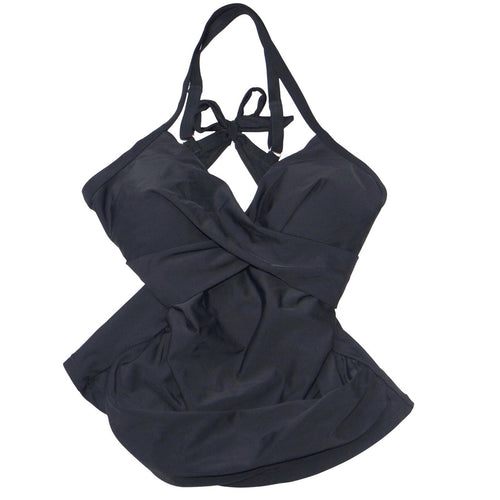 Black Wrap Front Halter Tankini Swim Top Size Medium Padded Classic Solid