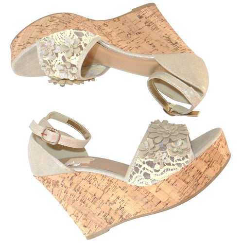 Bamboo Womens Champagne Gold Floral Lace Cork Wedge Platform Sandals Size 10