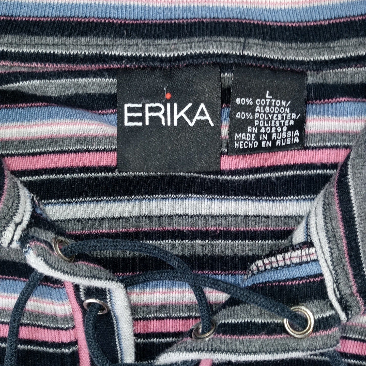 VTG Erika Striped Lace Up Collar Long Sleeve Womens Sz L Pink Black Gray Blue