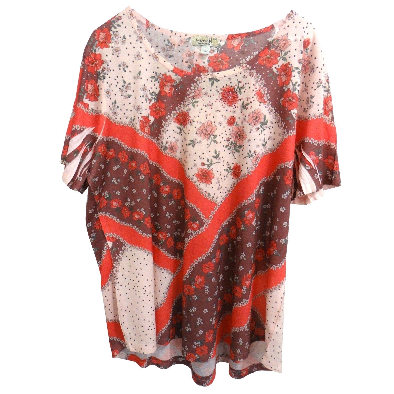 One World Womens Plus Size 2X Floral Print Rhinestone Short Sleeve Top