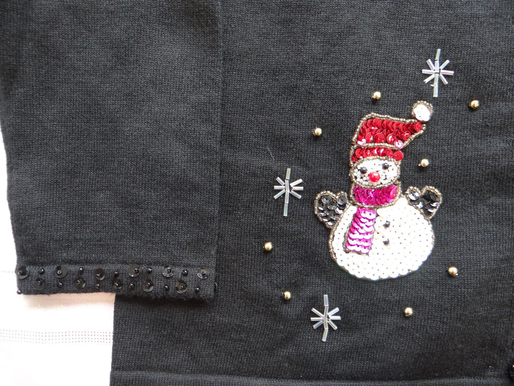 Black Women's Cardigan Sweater with Beaded Snowman Embellishments